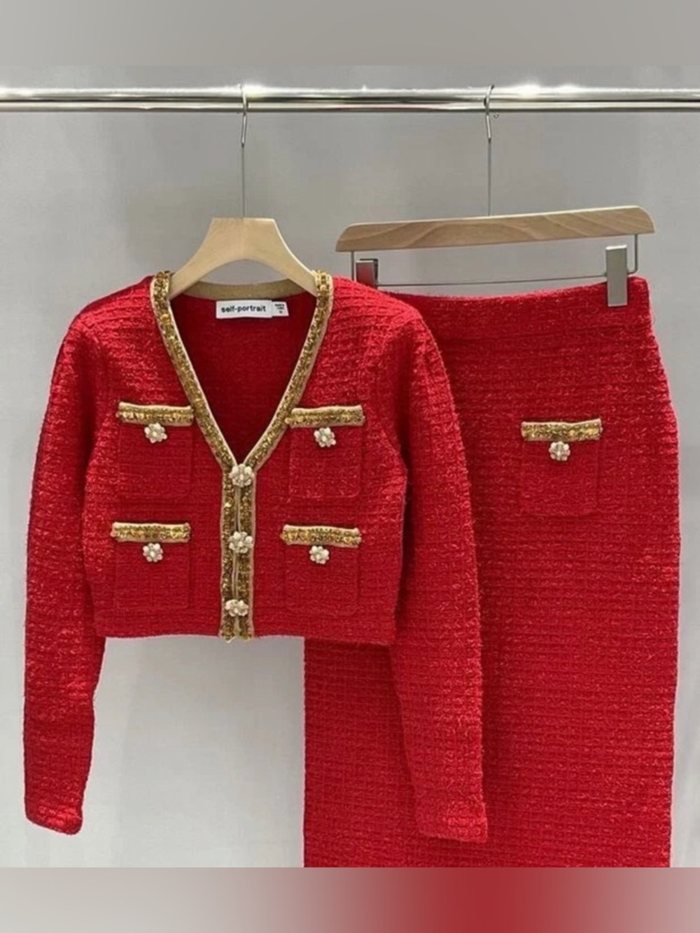 New Self portrait Red Tweed Two-Piece Skirt Set with Gold Trim size S - Picture 3 of 15